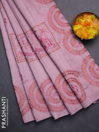 Semi raw silk saree pastel pink with embroidery work buttas and warli design embroidery border
