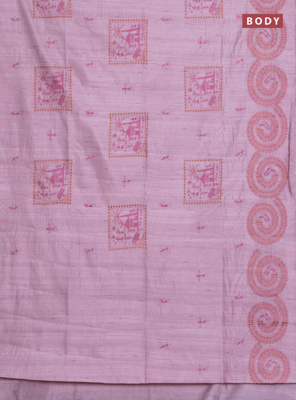 Semi raw silk saree pastel pink with embroidery work buttas and warli design embroidery border