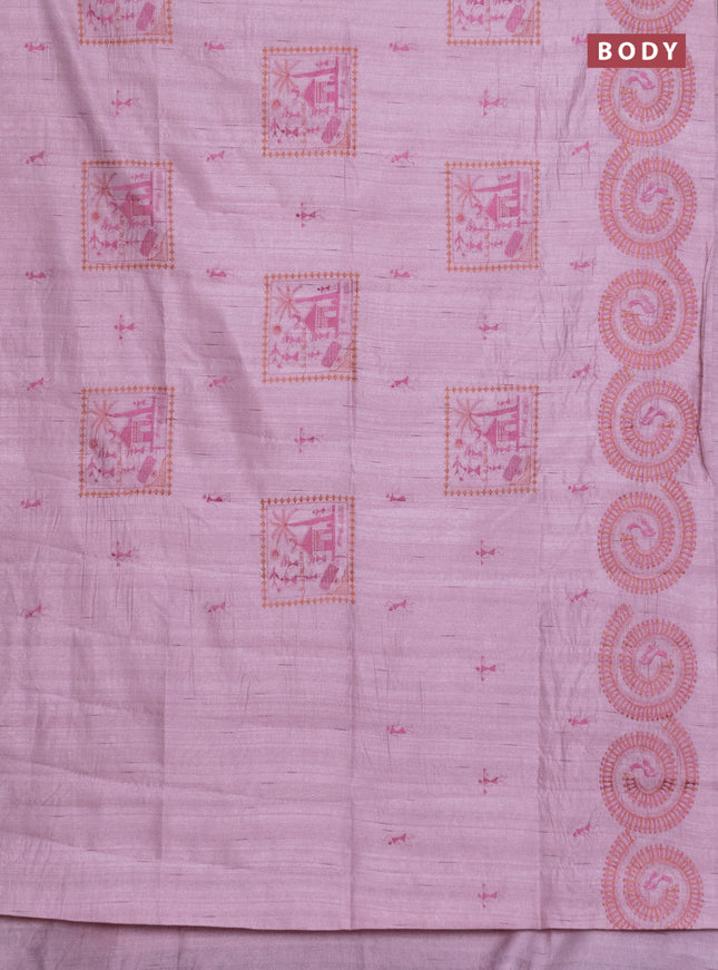 Semi raw silk saree pastel pink with embroidery work buttas and warli design embroidery border