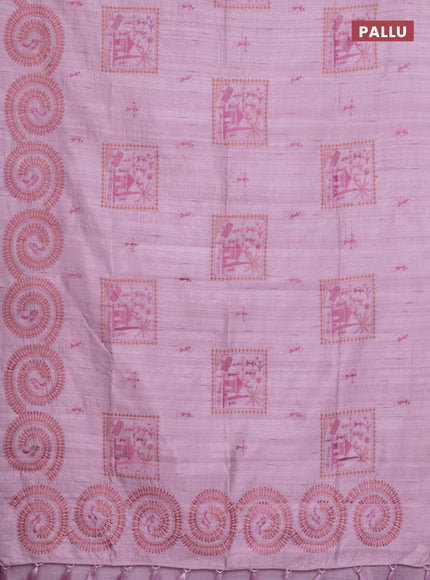 Semi raw silk saree pastel pink with embroidery work buttas and warli design embroidery border