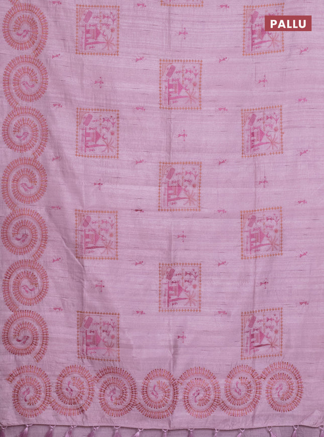 Semi raw silk saree pastel pink with embroidery work buttas and warli design embroidery border