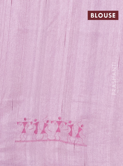 Semi raw silk saree pastel pink with embroidery work buttas and warli design embroidery border