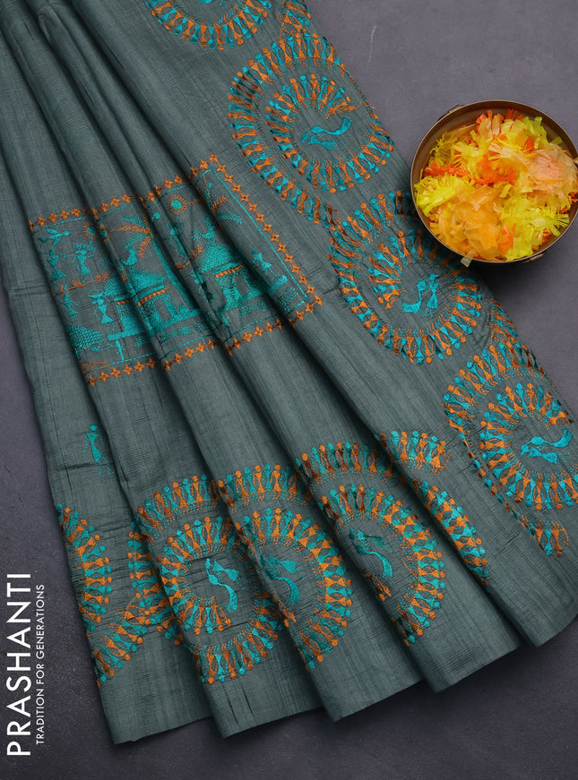 Semi raw silk saree greyish green with embroidery work buttas and warli design embroidery border