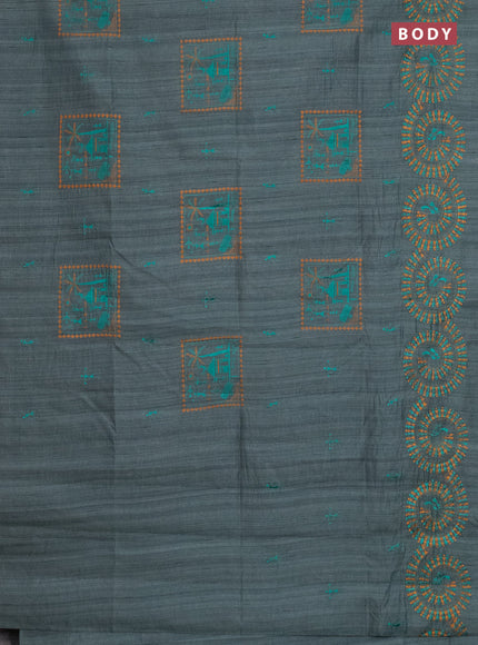 Semi raw silk saree greyish green with embroidery work buttas and warli design embroidery border