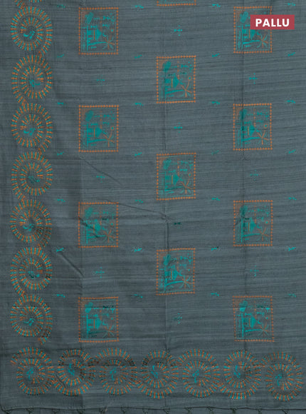 Semi raw silk saree greyish green with embroidery work buttas and warli design embroidery border