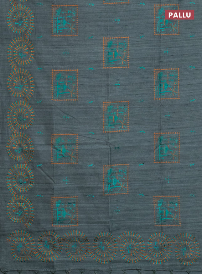 Semi raw silk saree greyish green with embroidery work buttas and warli design embroidery border