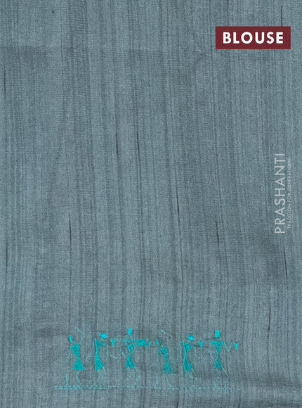 Semi raw silk saree greyish green with embroidery work buttas and warli design embroidery border
