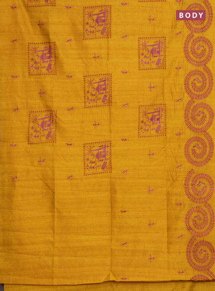 Semi raw silk saree mustard yellow with embroidery work buttas and warli design embroidery border