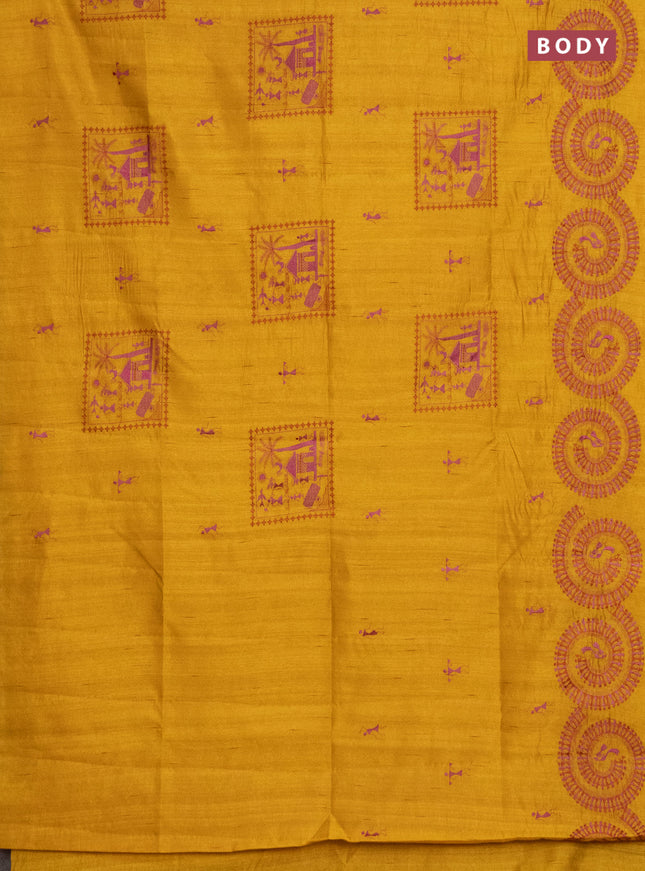 Semi raw silk saree mustard yellow with embroidery work buttas and warli design embroidery border