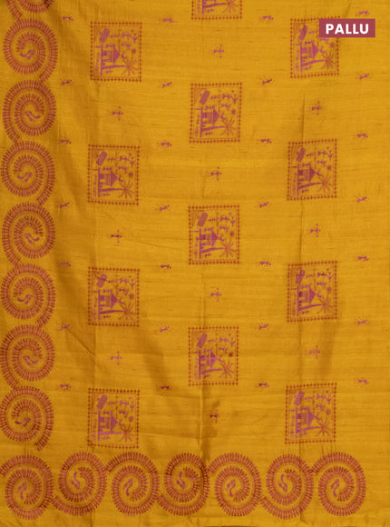 Semi raw silk saree mustard yellow with embroidery work buttas and warli design embroidery border