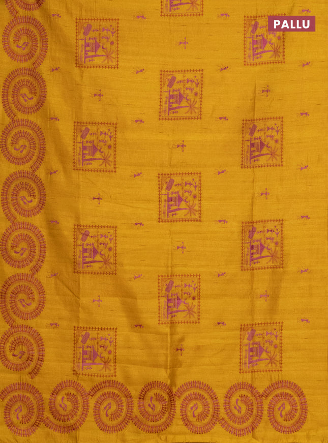 Semi raw silk saree mustard yellow with embroidery work buttas and warli design embroidery border