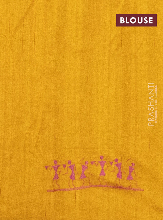 Semi raw silk saree mustard yellow with embroidery work buttas and warli design embroidery border