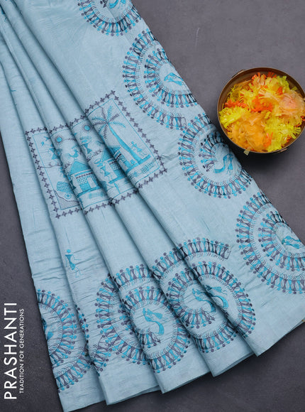 Semi raw silk saree pastel blue with embroidery work buttas and warli design embroidery border