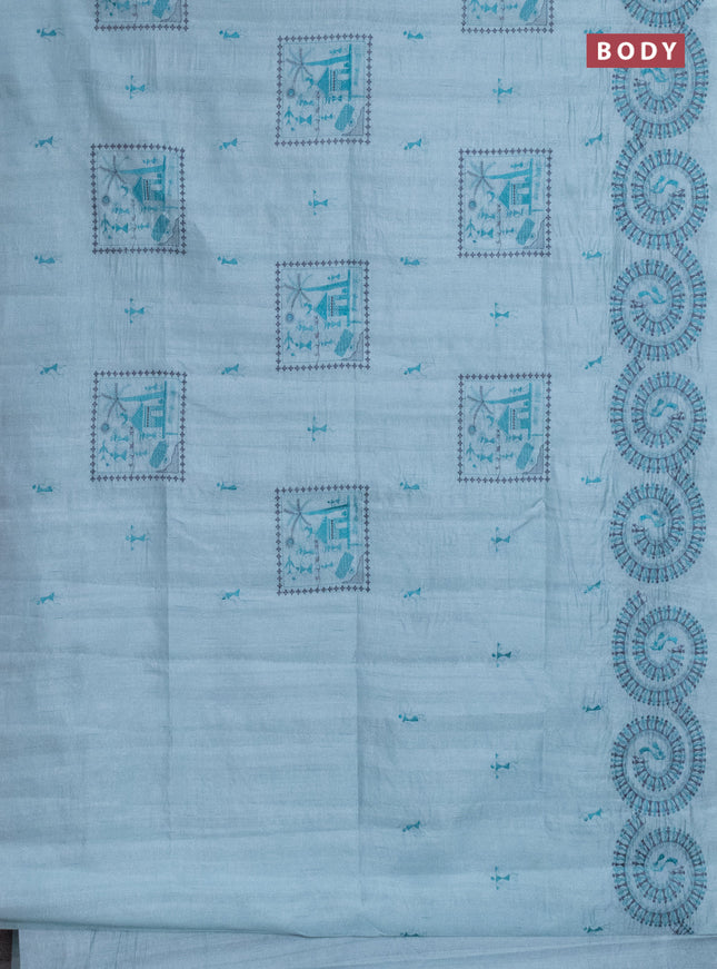 Semi raw silk saree pastel blue with embroidery work buttas and warli design embroidery border