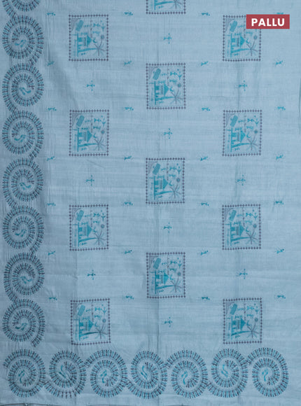 Semi raw silk saree pastel blue with embroidery work buttas and warli design embroidery border