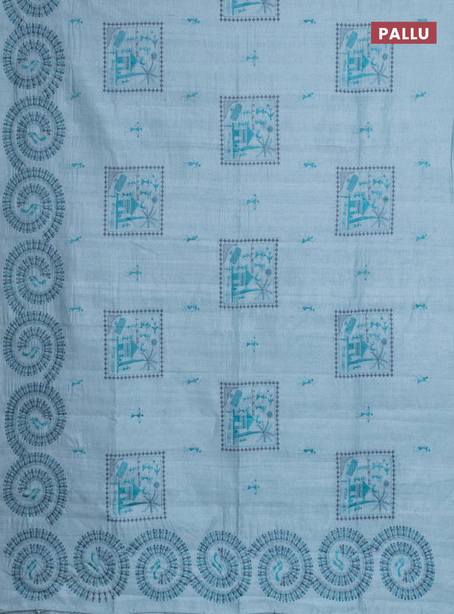 Semi raw silk saree pastel blue with embroidery work buttas and warli design embroidery border