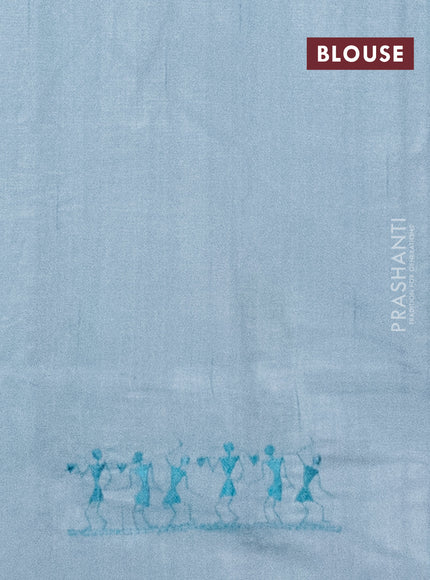 Semi raw silk saree pastel blue with embroidery work buttas and warli design embroidery border