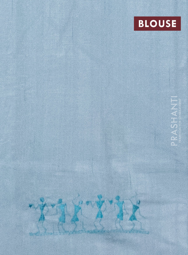 Semi raw silk saree pastel blue with embroidery work buttas and warli design embroidery border