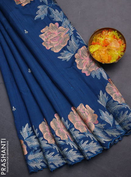Semi raw silk saree pastel blue with embroidery work buttas and floral embroidery border