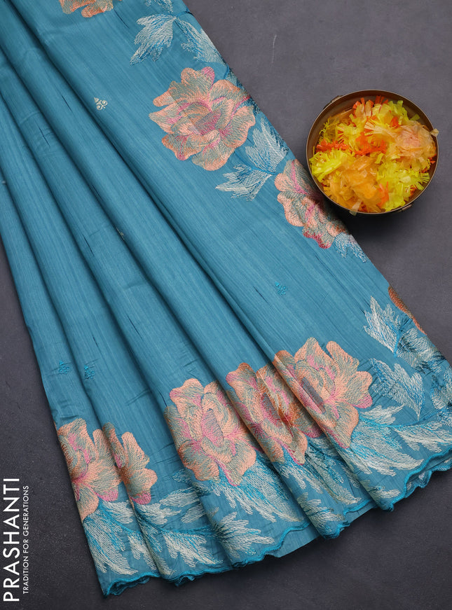 Semi raw silk saree teal blue with embroidery work buttas and floral embroidery border