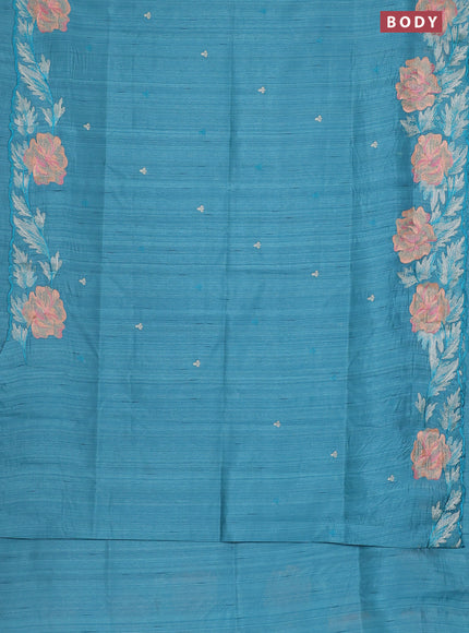 Semi raw silk saree teal blue with embroidery work buttas and floral embroidery border