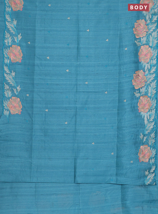Semi raw silk saree teal blue with embroidery work buttas and floral embroidery border