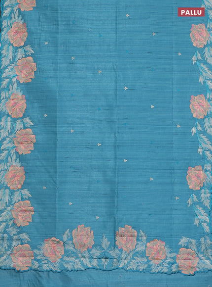 Semi raw silk saree teal blue with embroidery work buttas and floral embroidery border