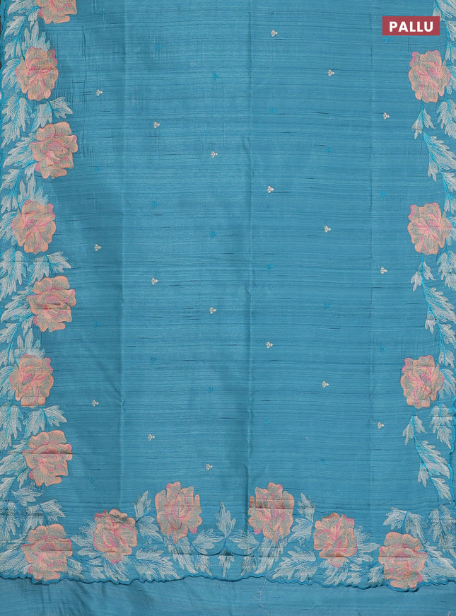 Semi raw silk saree teal blue with embroidery work buttas and floral embroidery border