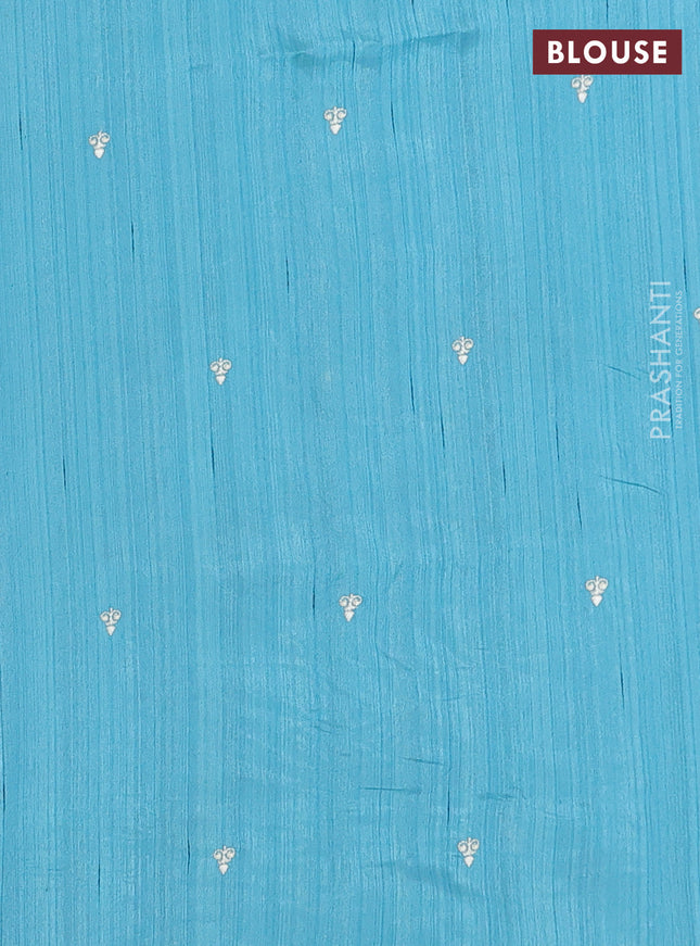 Semi raw silk saree teal blue with embroidery work buttas and floral embroidery border