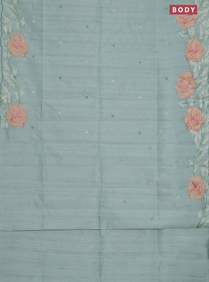 Semi raw silk saree pastel green with embroidery work buttas and floral embroidery border