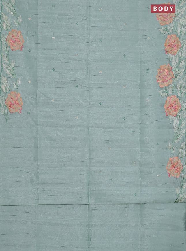 Semi raw silk saree pastel green with embroidery work buttas and floral embroidery border