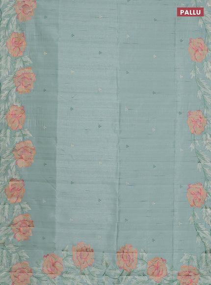 Semi raw silk saree pastel green with embroidery work buttas and floral embroidery border