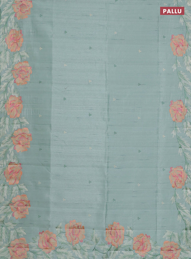 Semi raw silk saree pastel green with embroidery work buttas and floral embroidery border