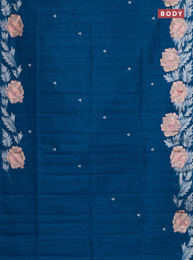 Semi raw silk saree pastel blue with embroidery work buttas and floral embroidery border