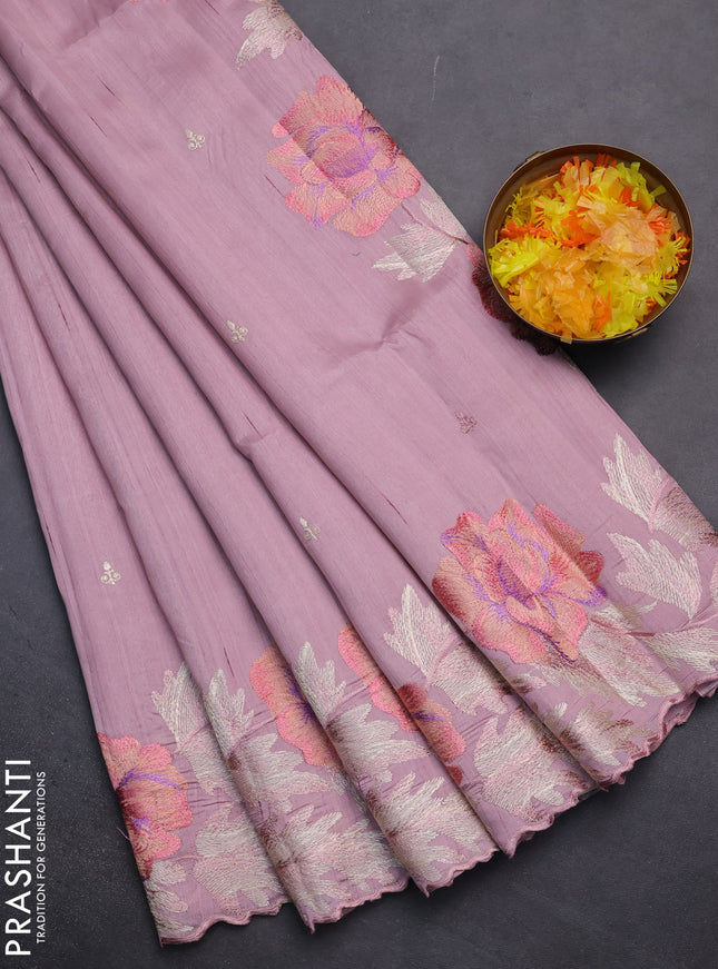 Semi raw silk saree pastel pink with embroidery work buttas and floral embroidery border