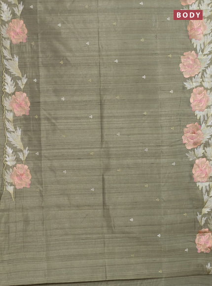 Semi raw silk saree sap green with embroidery work buttas and floral embroidery border