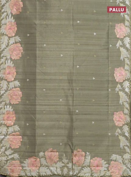 Semi raw silk saree sap green with embroidery work buttas and floral embroidery border