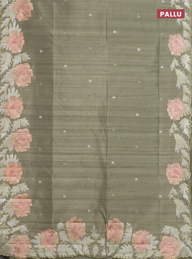 Semi raw silk saree sap green with embroidery work buttas and floral embroidery border