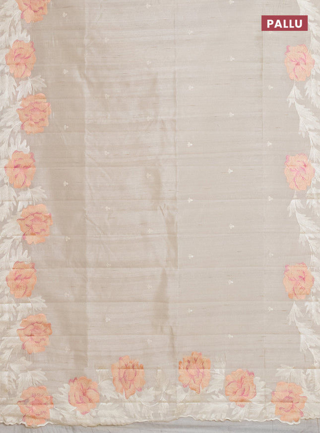 Semi raw silk saree cream with embroidery work buttas and floral embroidery border