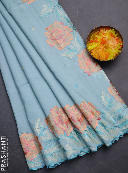 Semi raw silk saree pastel blue with embroidery work buttas and floral embroidery border