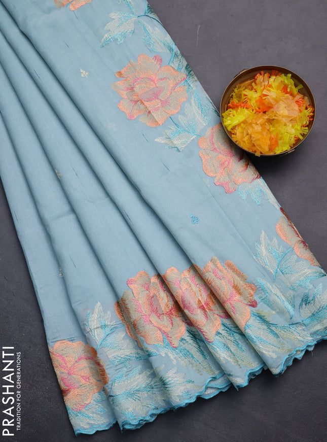 Semi raw silk saree pastel blue with embroidery work buttas and floral embroidery border