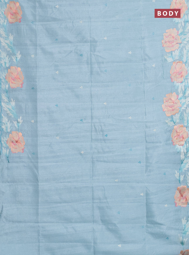 Semi raw silk saree pastel blue with embroidery work buttas and floral embroidery border