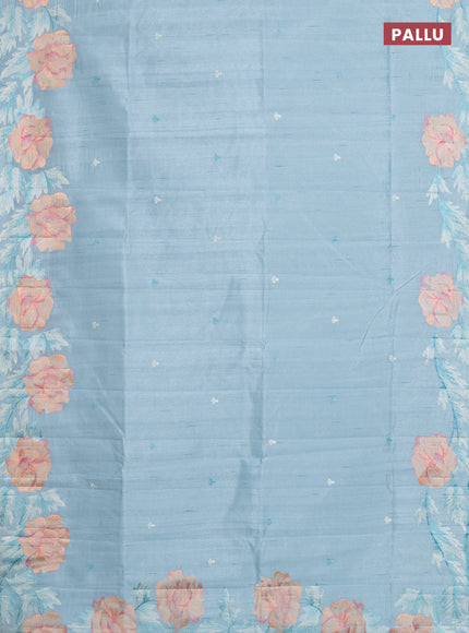 Semi raw silk saree pastel blue with embroidery work buttas and floral embroidery border