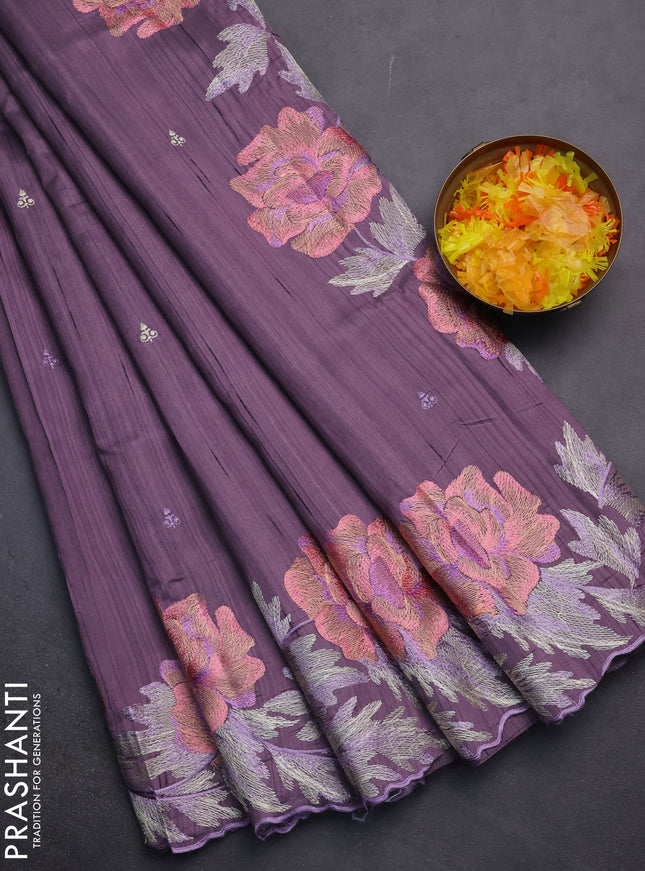 Semi raw silk saree purple shade with embroidery work buttas and floral embroidery border