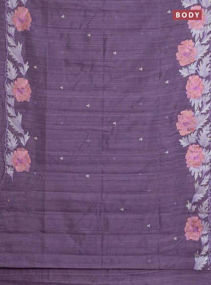 Semi raw silk saree purple shade with embroidery work buttas and floral embroidery border