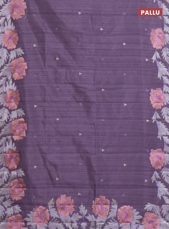 Semi raw silk saree purple shade with embroidery work buttas and floral embroidery border