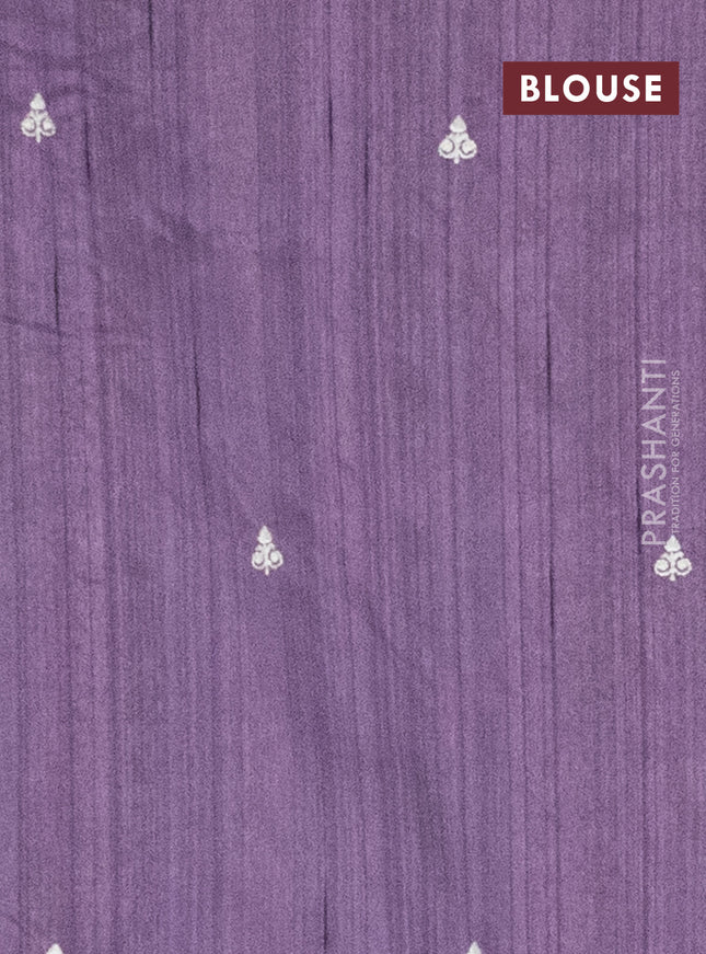 Semi raw silk saree purple shade with embroidery work buttas and floral embroidery border