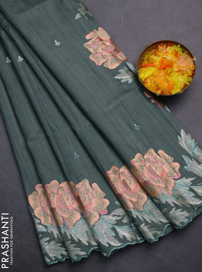 Semi raw silk saree greyish green with embroidery work buttas and floral embroidery border