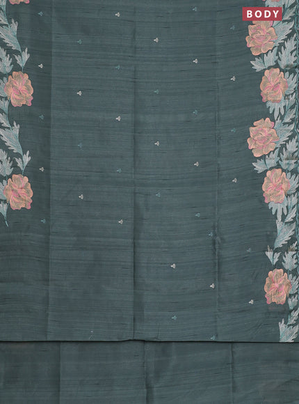 Semi raw silk saree greyish green with embroidery work buttas and floral embroidery border