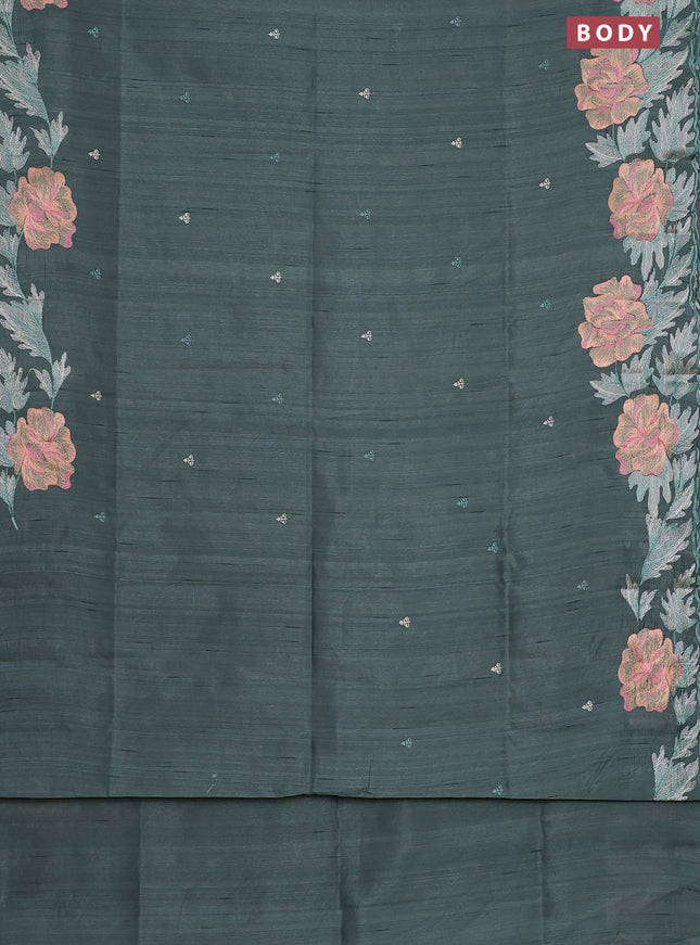 Semi raw silk saree greyish green with embroidery work buttas and floral embroidery border